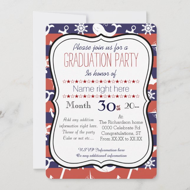 Sailor Nautical navy blue and red Graduaton party Invitation (Front)