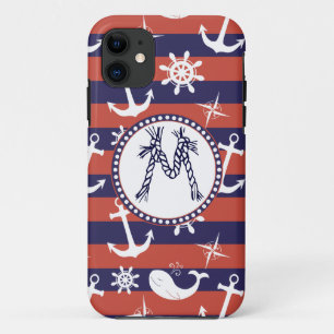 Sailor Nautical navy blue and red stripes monogram iPhone 11 Case