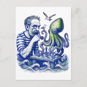 Sailor Playing Chess With Large Curious Octopus Postcard