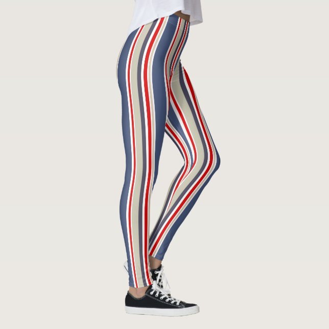 Sailor Stripes Nautical Blue, Red, White, Grey Leggings (Right)