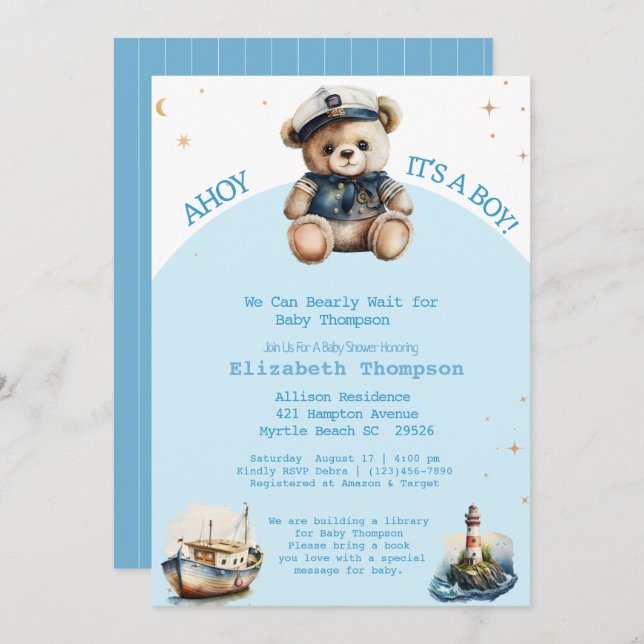 Sailor Teddy Bear Bring a Book Baby Shower  Invitation (Front/Back)