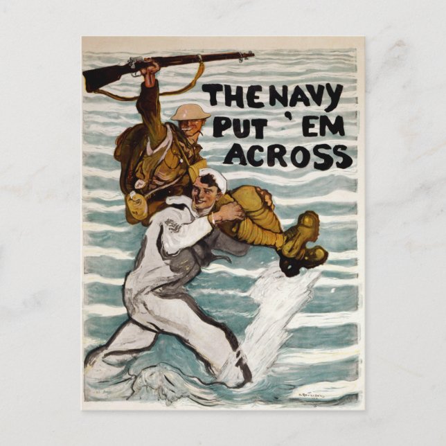 Sailor Wading As He Carries A Soldier On Shoulder Postcard (Front)