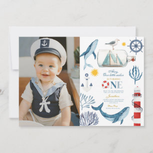 Sailor Watercolor Whale Sea 1st Birthday Invitation