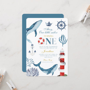 Sailor Watercolor Whale Sea 1st Birthday Invitation