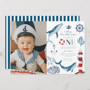 Sailor Watercolor Whale Sea 1st Birthday Invitation