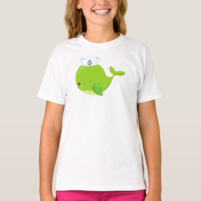 Sailor Whale, Cute Whale, Baby Whale, Green Whale  T-Shirt (Front)