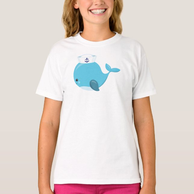 Sailor Whale, Cute Whale, Little Whale, Blue Whale T-Shirt (Front)