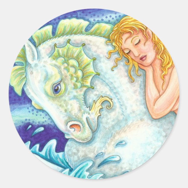 SAILOR'S FANTASY MERMAID RIDING MERHORSE, SEAHORSE CLASSIC ROUND STICKER (Front)