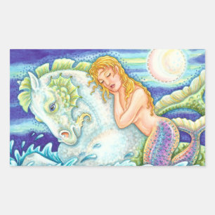SAILOR'S FANTASY MERMAID RIDING MERHORSE, SEAHORSE RECTANGULAR STICKER