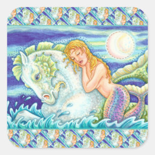 SAILOR'S FANTASY MERMAID RIDING MERHORSE, SEAHORSE SQUARE STICKER