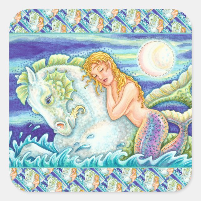 SAILOR'S FANTASY MERMAID RIDING MERHORSE, SEAHORSE SQUARE STICKER (Front)