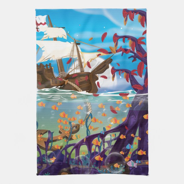 Sailship Dropping Anchor Tea Towel (Vertical)