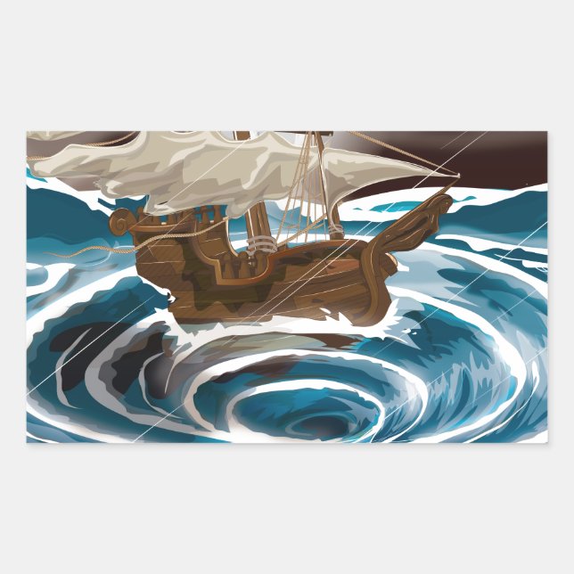 Sailship falling into a Whirlpool in the Sea Rectangular Sticker (Front)