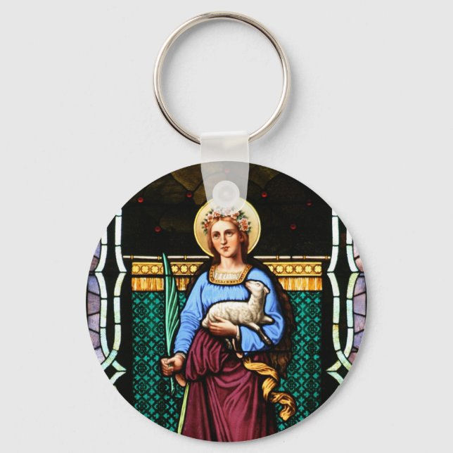 Saint Agnes (Agnes of Rome) - Stained Glass Art Key Ring (Front)