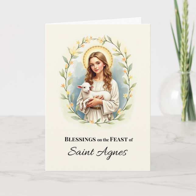 Saint Agnes Feast Day Blessings Watercolor Wreath Card (Front)