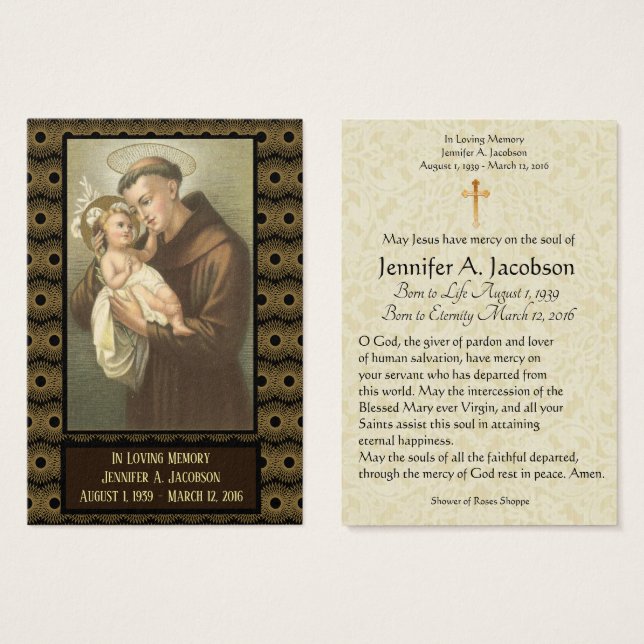 Saint Anthony of Padua Funeral Memorial Holy Card (Front & Back)