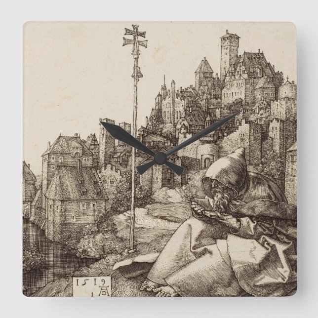 Saint Anthony Reading by Albrecht Durer Square Wall Clock (Front)