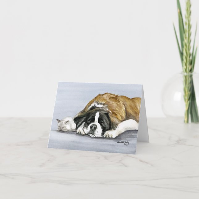 "Saint Bernard and Kitten" Dog Art Notecard (Front)