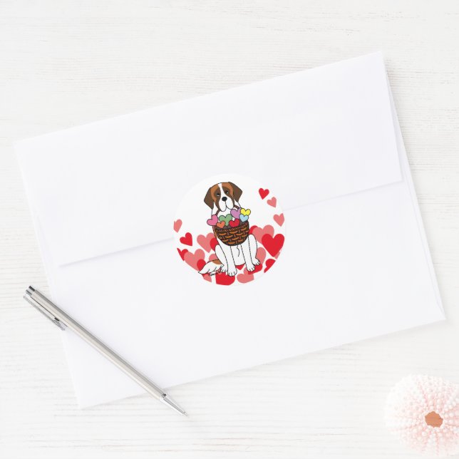 Saint Bernard Cartoon with a Basket Hearts Classic Round Sticker (Envelope)