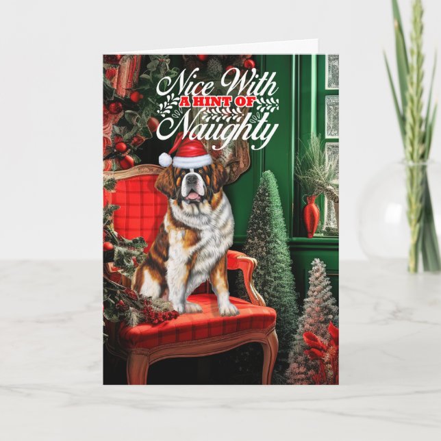 Saint Bernard Christmas Dog Naughty or Nice Holiday Card (Front)