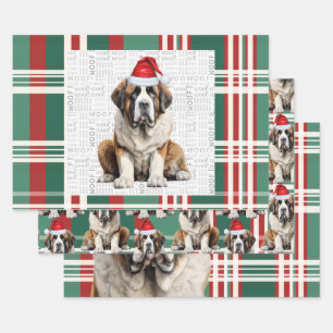 Saint Bernard Christmas Dog Red Green Plaid Wrapping Paper Sheet