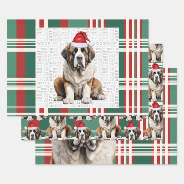 Saint Bernard Christmas Dog Red Green Plaid Wrapping Paper Sheet (Set)