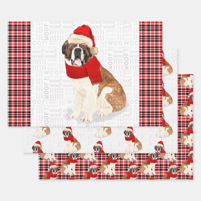 Saint Bernard Christmas Dog Red Plaid Holiday Wrapping Paper Sheet (Set)