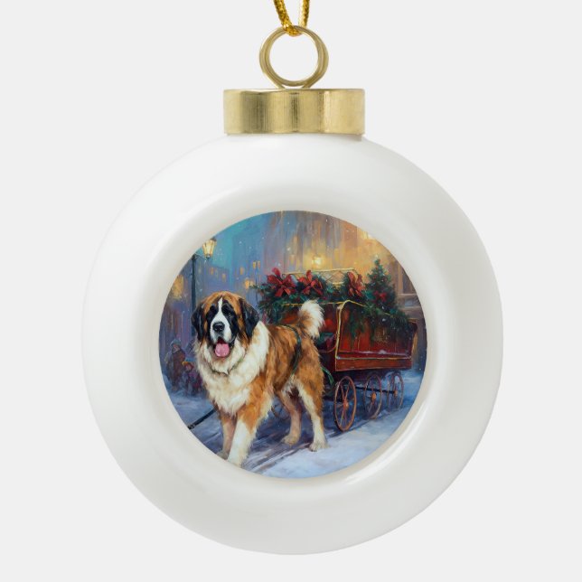 Saint Bernard Christmas Festive Season  Ceramic Ball Christmas Ornament (Front)
