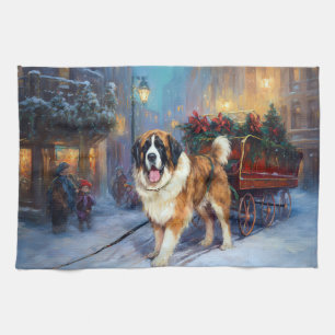 Saint Bernard Christmas Festive Season  Tea Towel