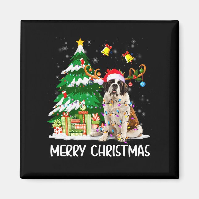Saint Bernard Christmas Lights Tree Santa Xmas Paj Magnet (Front)