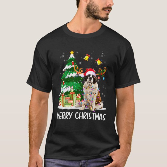 Saint Bernard Christmas Lights Tree Santa Xmas Paj T-Shirt (Front)