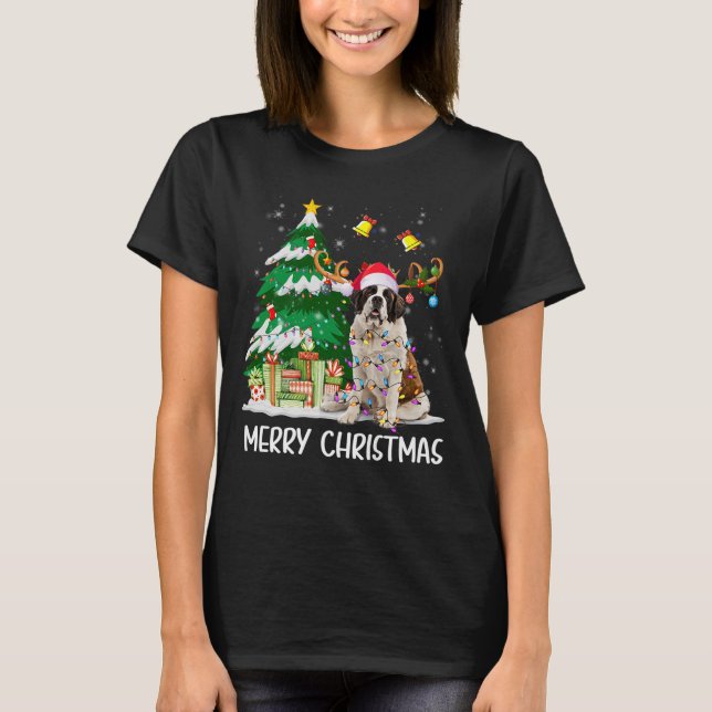 Saint Bernard Christmas Lights Tree Santa Xmas Paj T-Shirt (Front)