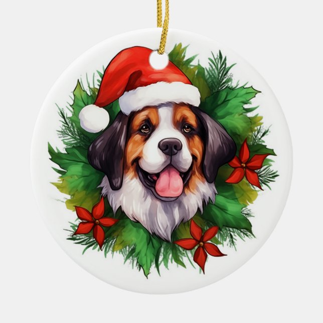 Saint Bernard Christmas Wreath Ceramic Tree Decoration (Front)