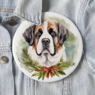 Saint Bernard Christmas Wreath Festive Pup 6 Cm Round Badge