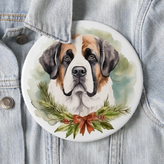 Saint Bernard Christmas Wreath Festive Pup 6 Cm Round Badge (In Situ)