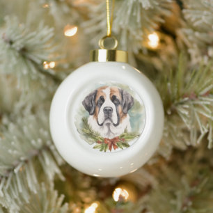 Saint Bernard Christmas Wreath Festive Pup Ceramic Ball Christmas Ornament