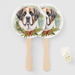 Saint Bernard Christmas Wreath Festive Pup Hand Fan