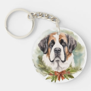 Saint Bernard Christmas Wreath Festive Pup Key Ring