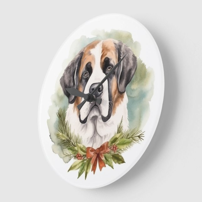 Saint Bernard Christmas Wreath Festive Pup Large Clock (Angle)