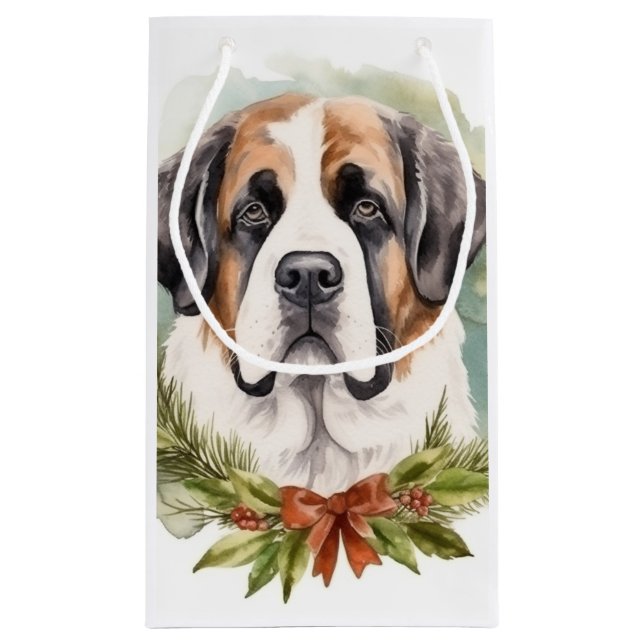 Saint Bernard Christmas Wreath Festive Pup Small Gift Bag (Back)