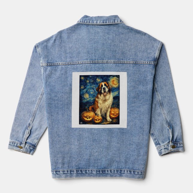 Saint Bernard Cute Dog Halloween Jack O Lantern Pu Denim Jacket (Back)