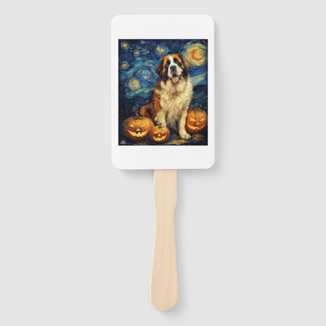 Saint Bernard Cute Dog Halloween Jack O Lantern Pu Hand Fan (Front)