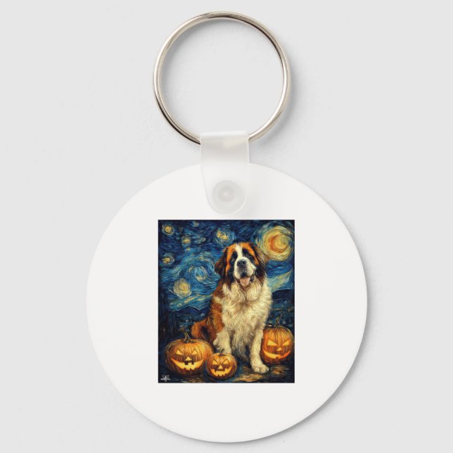 Saint Bernard Cute Dog Halloween Jack O Lantern Pu Key Ring (Front)