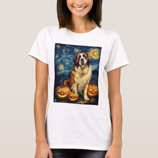 Saint Bernard Cute Dog Halloween Jack O Lantern Pu T-Shirt (Front)