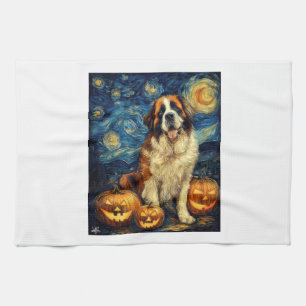 Saint Bernard Cute Dog Halloween Jack O Lantern Pu Tea Towel