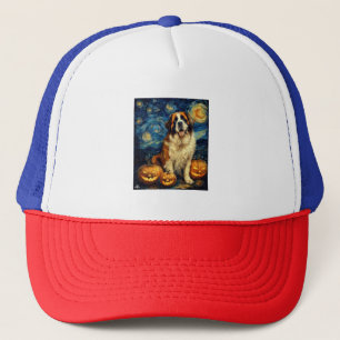 Saint Bernard Cute Dog Halloween Jack O Lantern Pu Trucker Hat