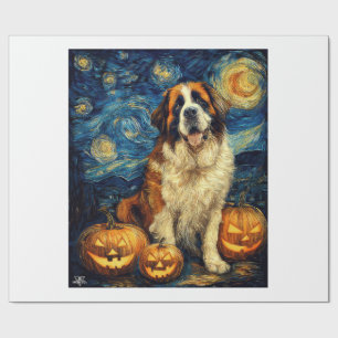 Saint Bernard Cute Dog Halloween Jack O Lantern Pu Wrapping Paper