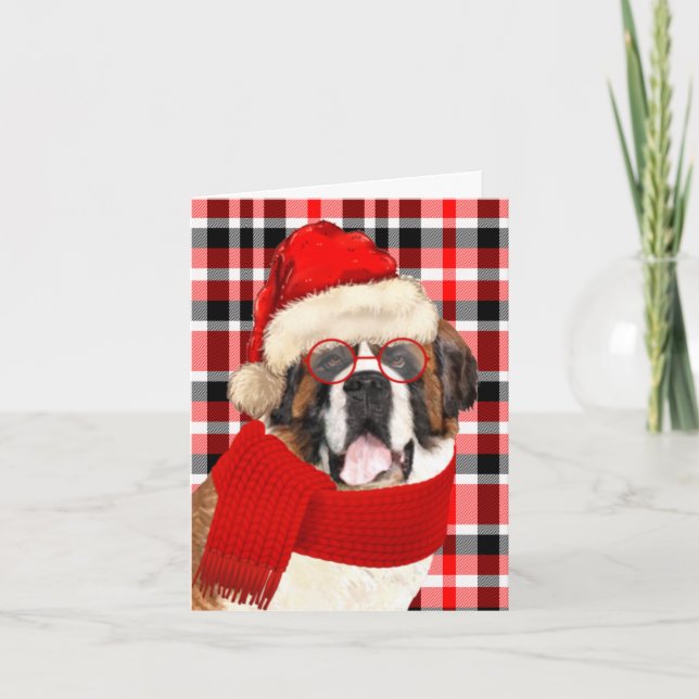 Saint Bernard Dog and Red Plaid Christmas Holiday Card (Front)