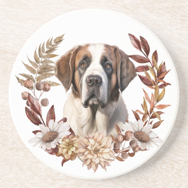 Saint Bernard Dog Autumn Wreath Coaster (Front)