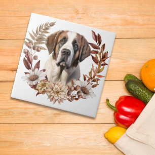 Saint Bernard Dog Autumn Wreath Tile